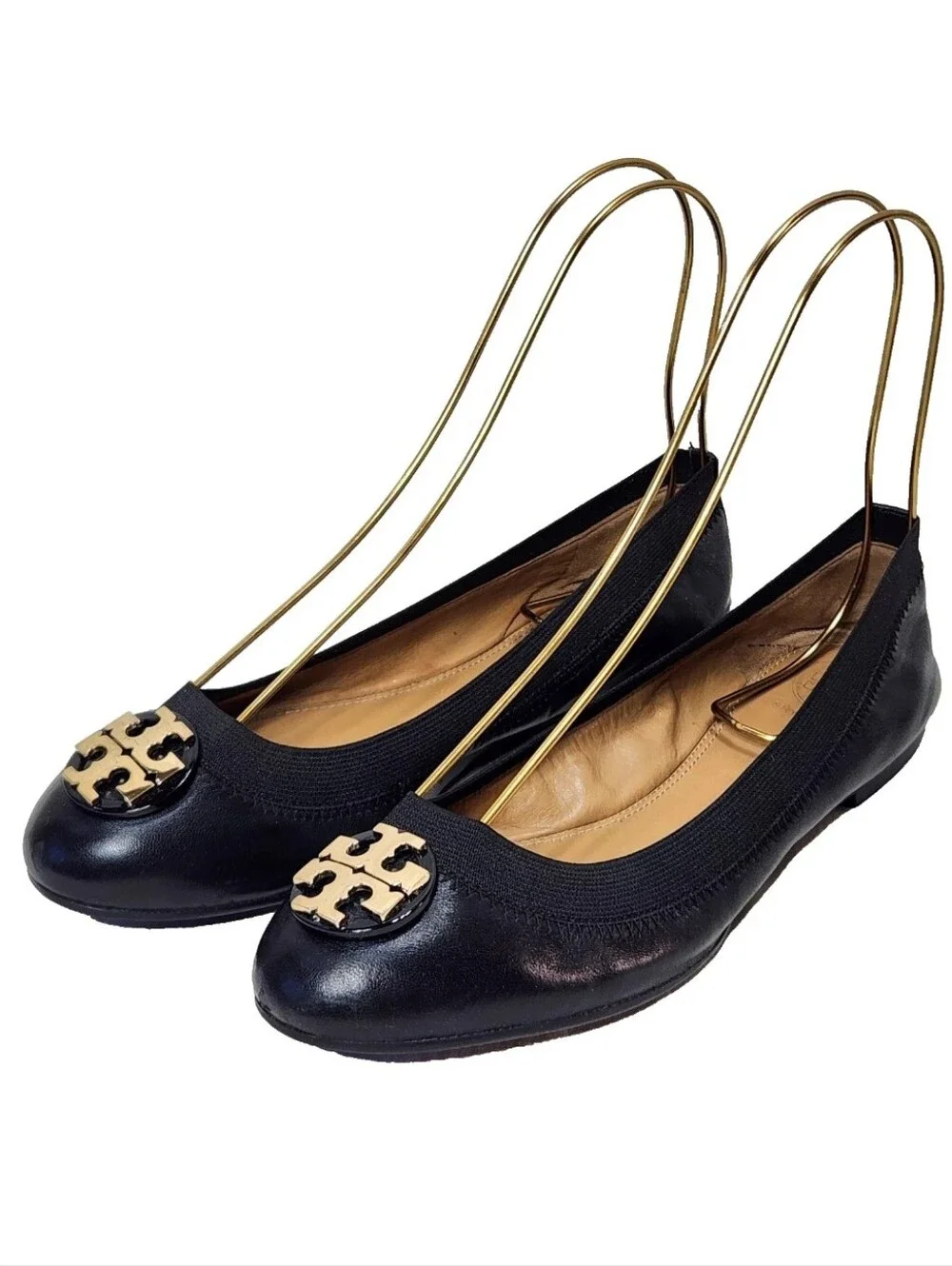 TORY BURCH Caroline Leather Ballet Flats Sz 7 Black Gold Logo Elastic Top